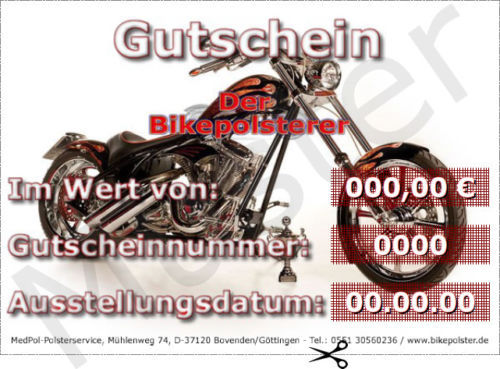 Digitaler Geschenk-Gutschein für Neubezüge + Polsterarbeiten an Motorradsitzbänken