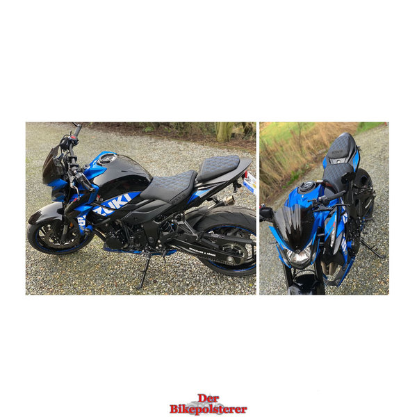 Suzuki "GSX-S": 3x Stickerei, Rautensteppung, Ziernähte ➔ Motorradsitz *NEU* beziehen/polstern